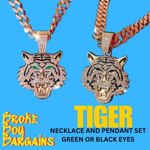 GOLD LOOK FAUX DIAMOND TIGER CHAIN AND PENDANT