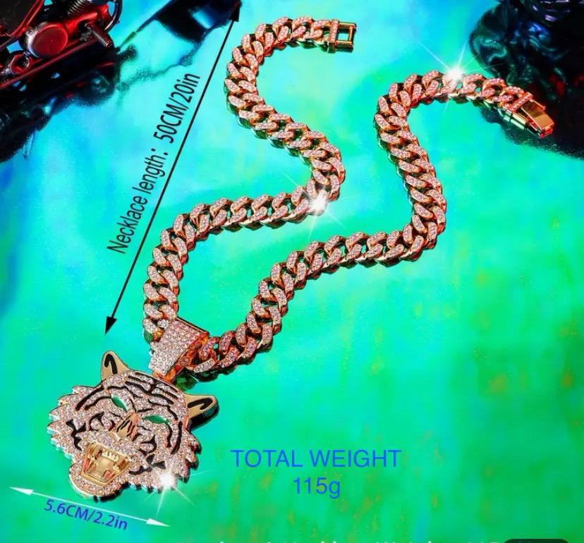 GOLD LOOK FAUX DIAMOND TIGER CHAIN AND PENDANT